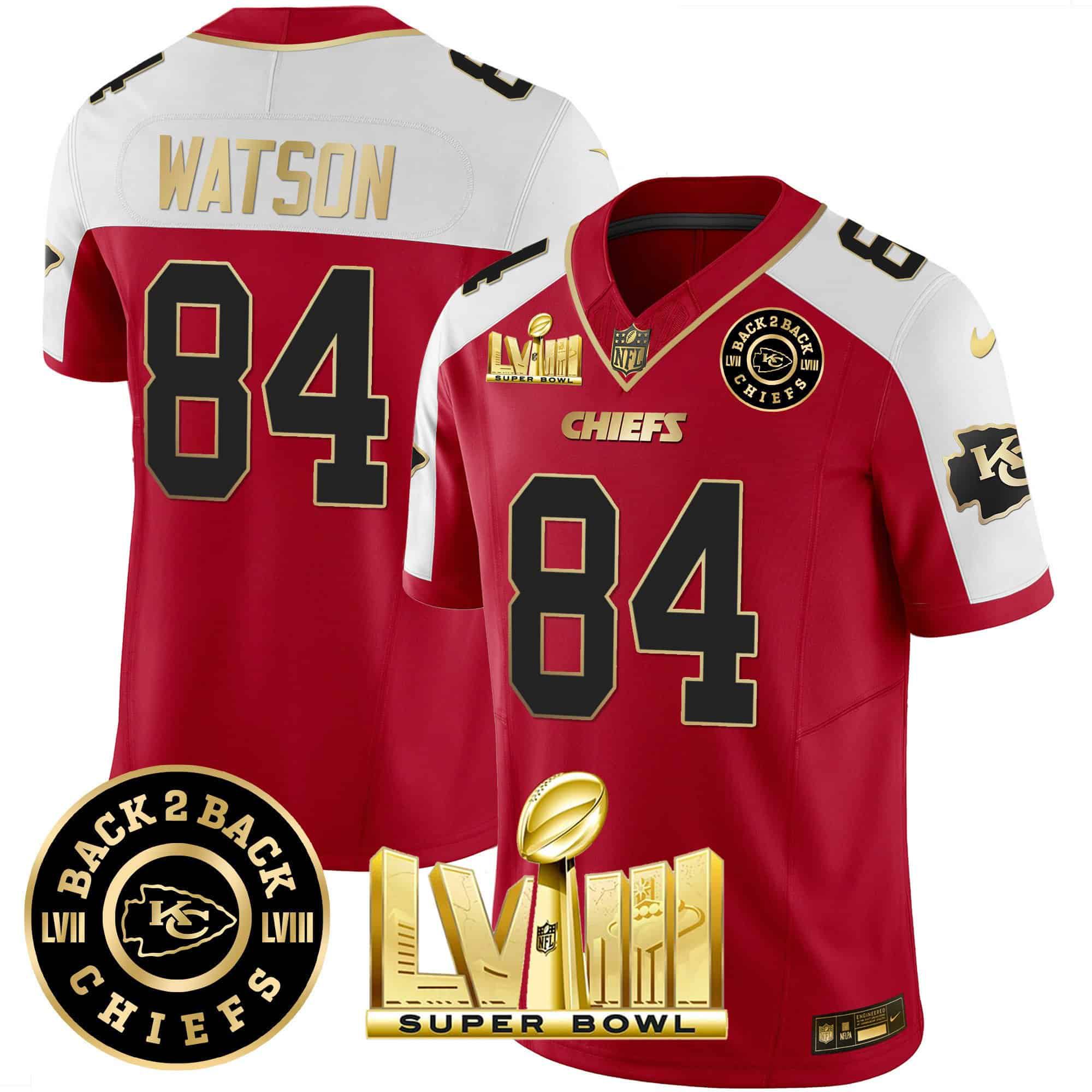 Men Kansas City Chiefs #84 Watson Red 2024 Nike Super Bowl LVIII & Back-2-Back Patch Vapor NFL Jersey